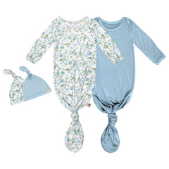 MY LITTLE ZONE Botanical Blue knotted gown front view, soft fabric for newborn comfort.