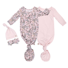 MY LITTLE ZONE knotted gown set in pink botanical offers cozy newborn sleepwear.