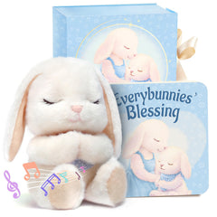 MyMateZoe 9-inch musical praying bunny plush beside a crib for bedtime