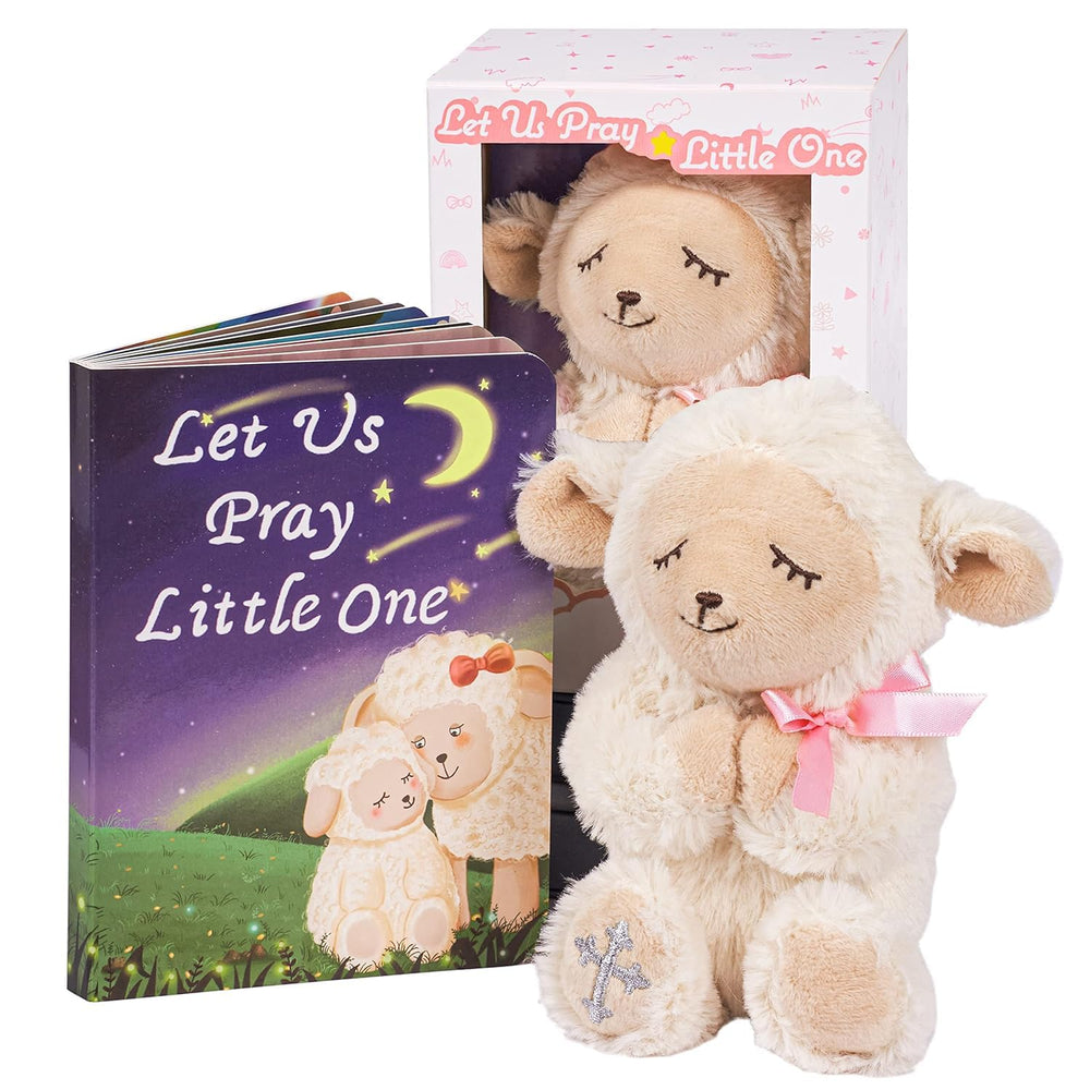 MyMateZoe 7-inch praying lamb plush paired with Let Us Pray book for soothing bedtime.