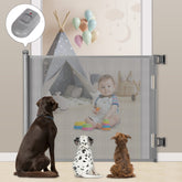 MYPIN Retractable Baby Gate extended for wide indoor or outdoor openings, safer play areas.