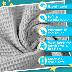 NADOBA multi-use baby blanket shown in crib, swaddle, and stroller for versatile warmth