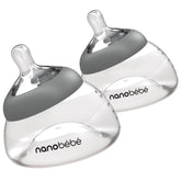 Nanobébé breastmilk bottle with breast-shaped design aids natural latch transition for easier feeding.