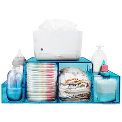 NANYEZH acrylic diaper caddy blue on changing table showing clear visibility of essentials.