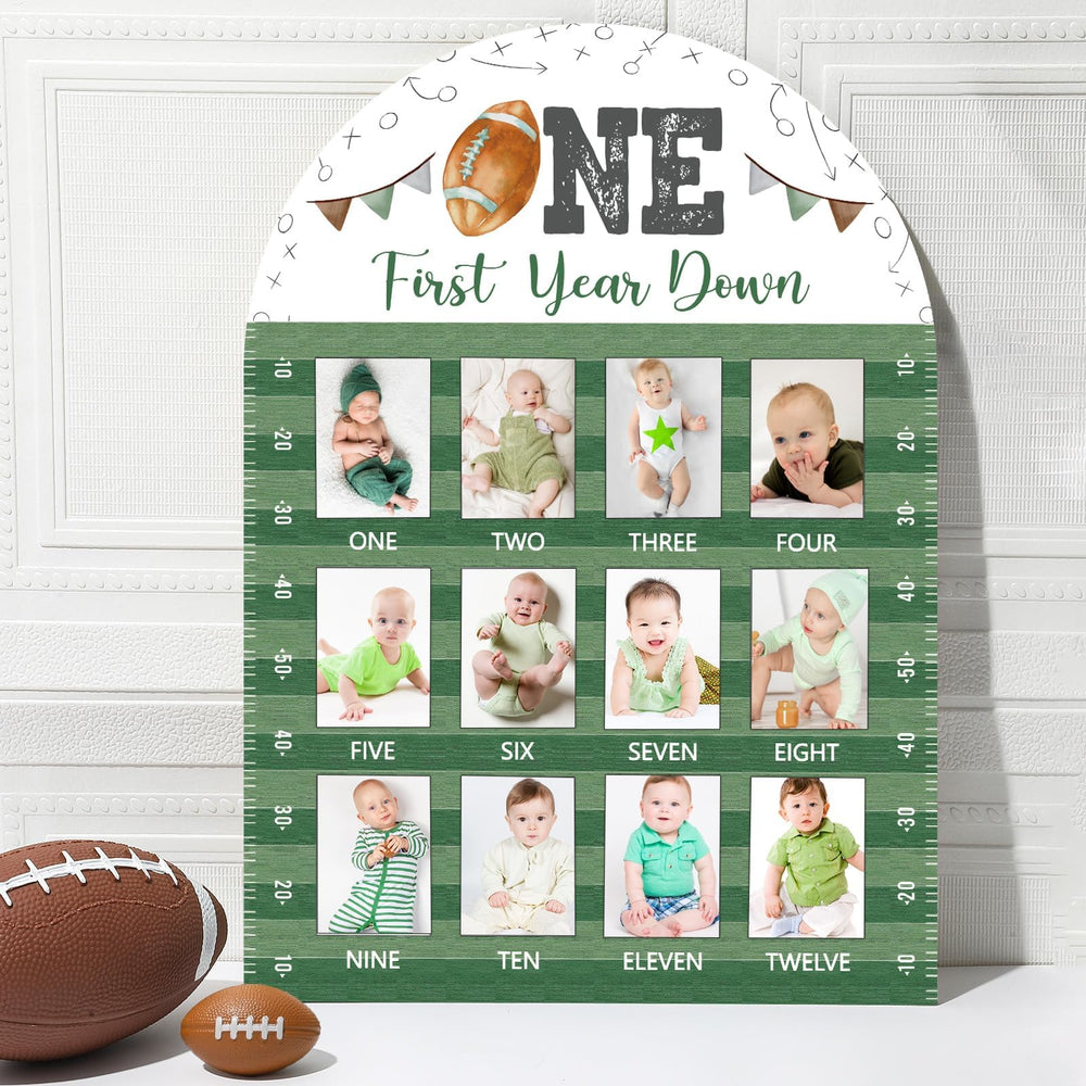 Naozinebi football first year photo board frames 12 monthly milestones for a baby boy.