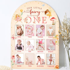Naozinebi Our Little Fairy Turning One photo board showing monthly milestones for baby girl