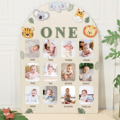 Naozinebi wild photo board with jungle animals for milestone display.