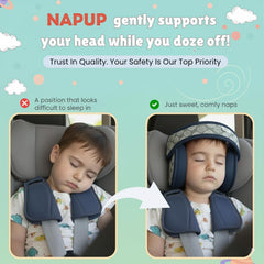 NAPUP head support front view keeps a child's head aligned during car rides.