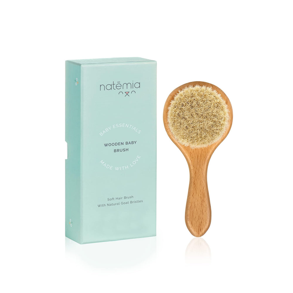 Natemia wooden baby hair brush with soft goat hair bristles for gentle grooming