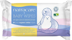 Natracare baby wipes 50 count pack for gentle cleansing on delicate skin.