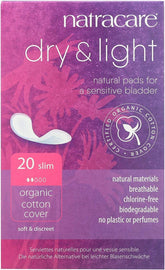 Natracare Dry and Light pads box front highlights plastic-free packaging.