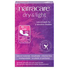 Natracare Dry and Light pads packaging highlights plastic-free design for sustainable use.