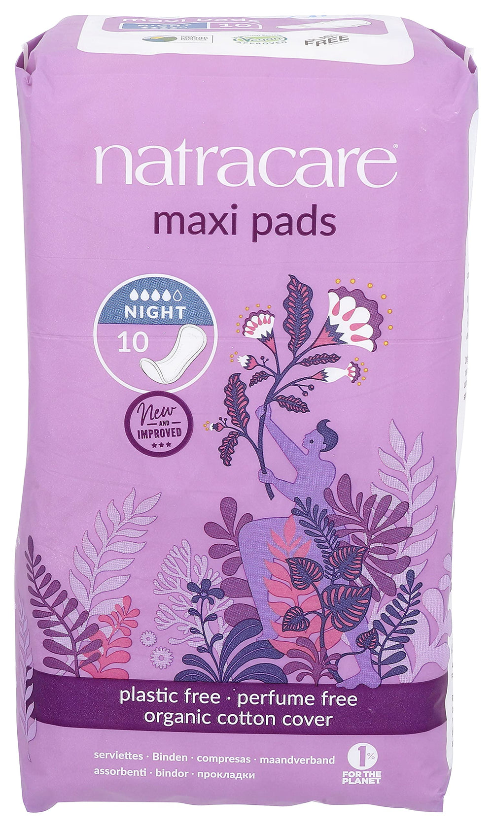 Natracare night-time pad packaging shows plastic-free, eco-friendly design.