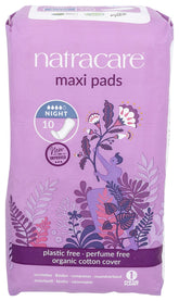 Natracare night-time pad packaging shows plastic-free, eco-friendly design.