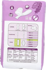 Natracare pads eco-label highlighting plastic-free and fragrance-free materials.