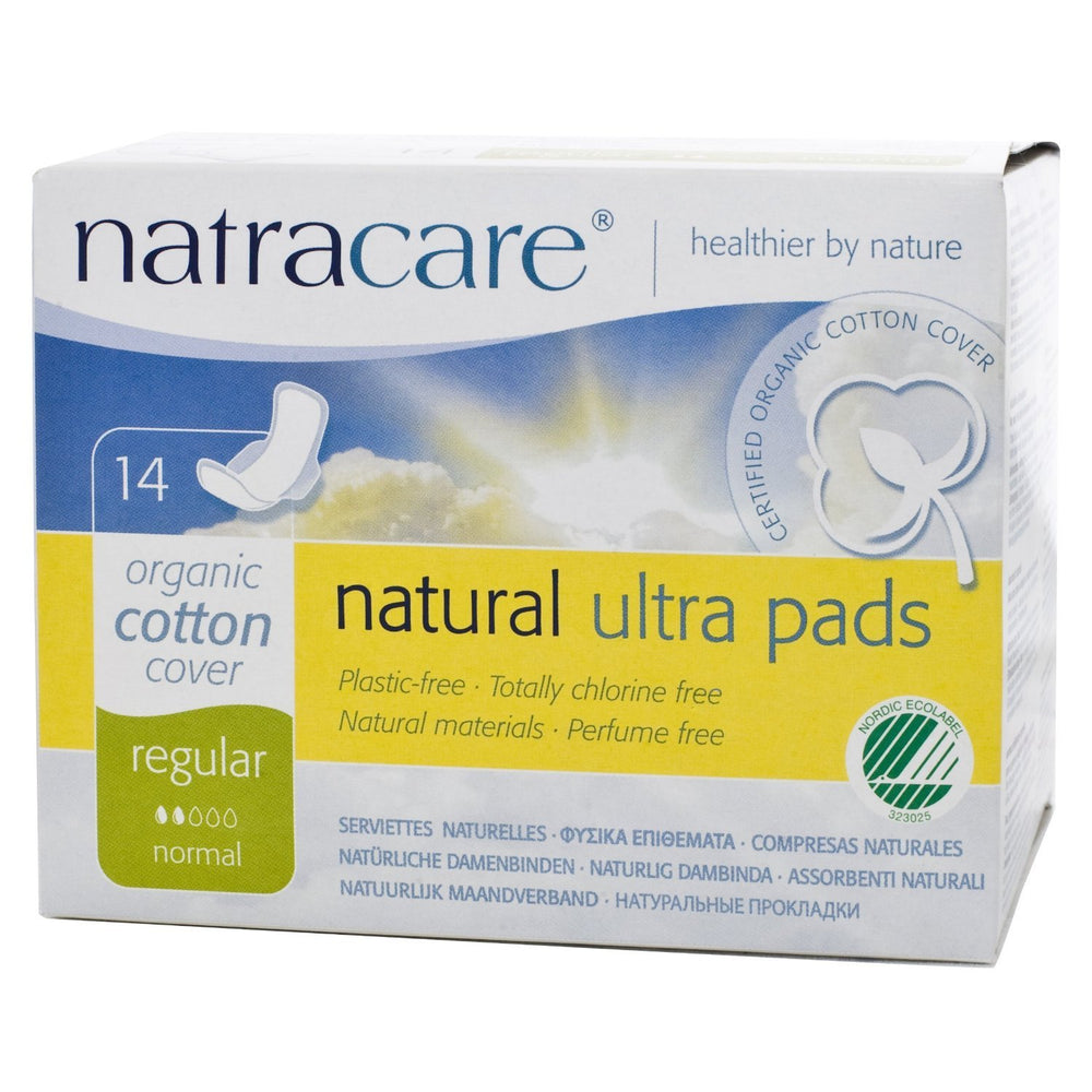 Natracare Ultra Pads with wings in packaging offering discreet, eco-friendly protection.