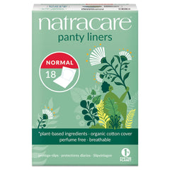 Natracare panty liner normal wrapped 18-count box, ready for daily protection.