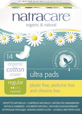 Natracare Regular Ultra Pad packaging shown, eco-friendly design for discreet daily protection.
