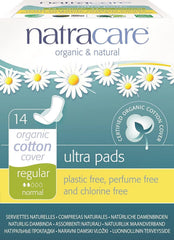 Natracare Regular Ultra Pad packaging shown, eco-friendly design for discreet daily protection.