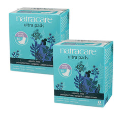Natracare ultra long pads with wings shown outside the wrapper for easy inspection.