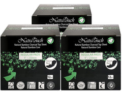 Natratouch compostable bamboo charcoal regular pad in packaging, eco-friendly choice for daily use.