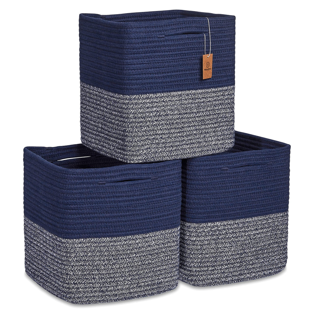 NaturalCozy 11-inch cotton rope storage cube front view, ideal for neat shelves.