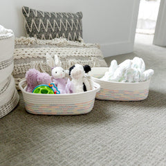 NaturalCozy rectangle basket set smaller for desk supplies and remotes.