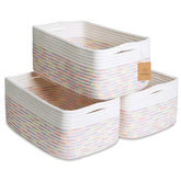NaturalCozy rectangle baskets on a shelf provide tidy toy and linen storage.