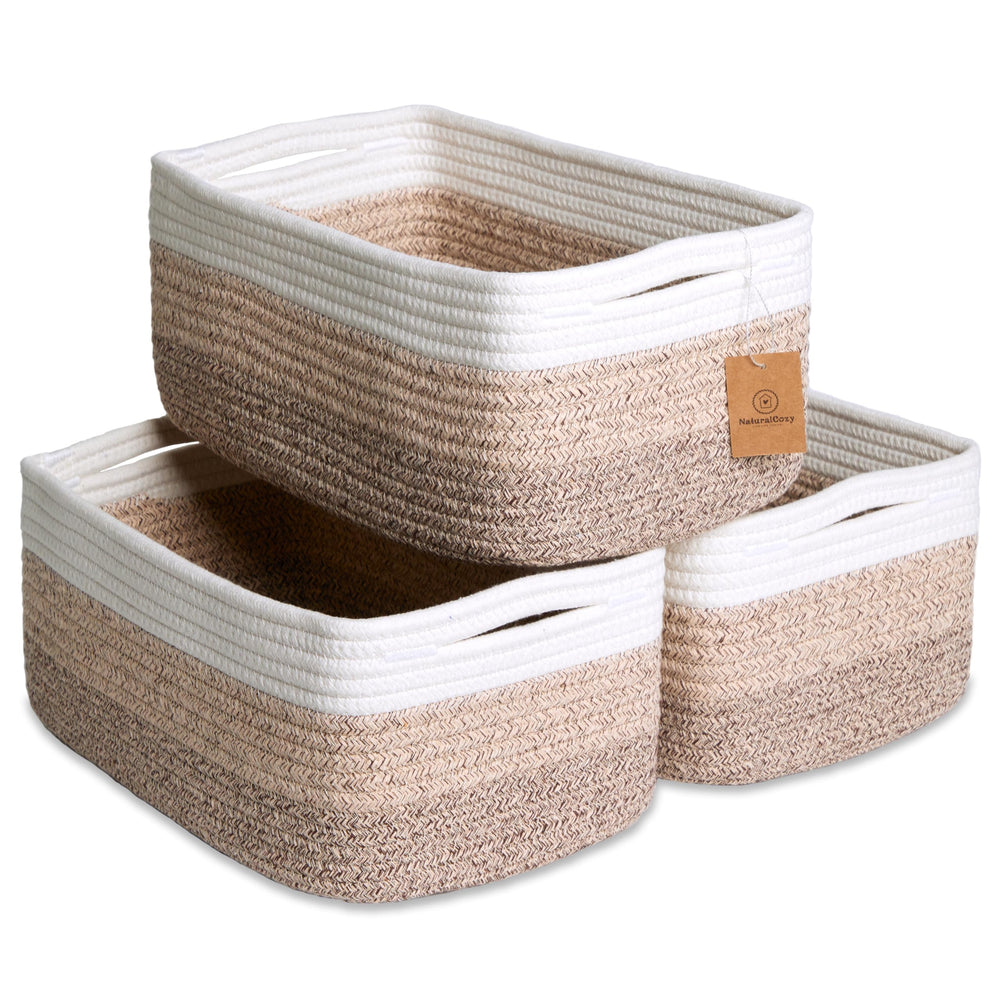 NaturalCozy rectangle rope basket on a shelf for organized storage.