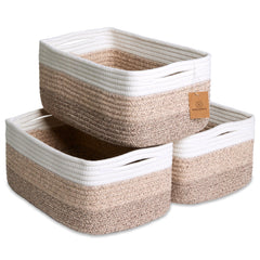 NaturalCozy rectangle rope basket on a shelf for organized storage.