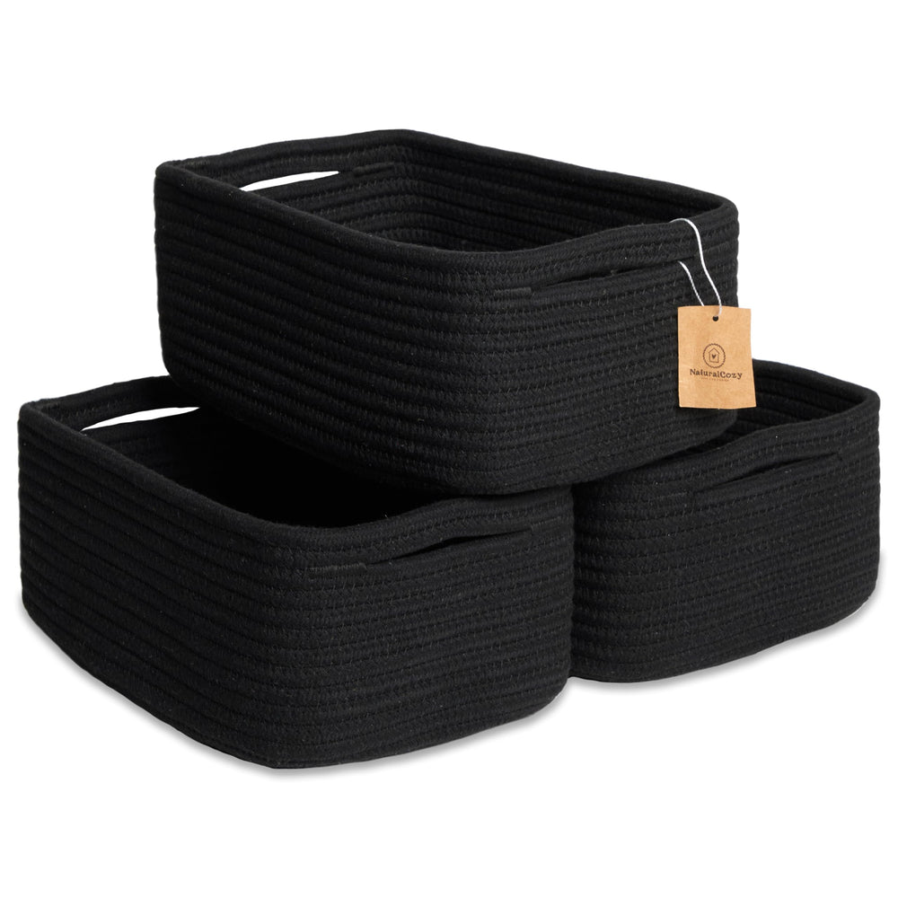 NaturalCozy rectangle storage baskets three-pack on shelf keep toys neatly organized.