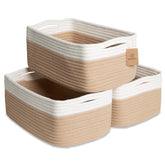 NaturalCozy 3-pack rectangular rope baskets on a shelf for organized storage