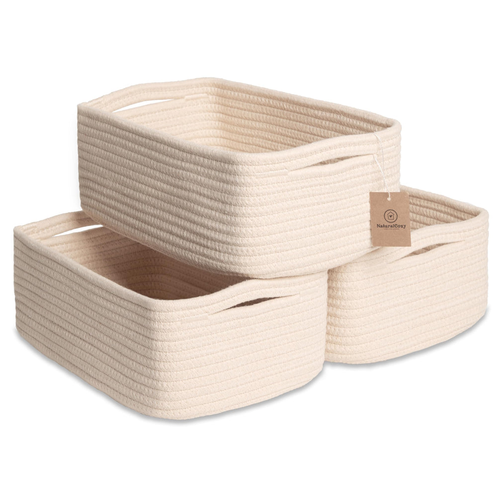 NaturalCozy storage baskets on a shelf displaying rectangular shape for extra space