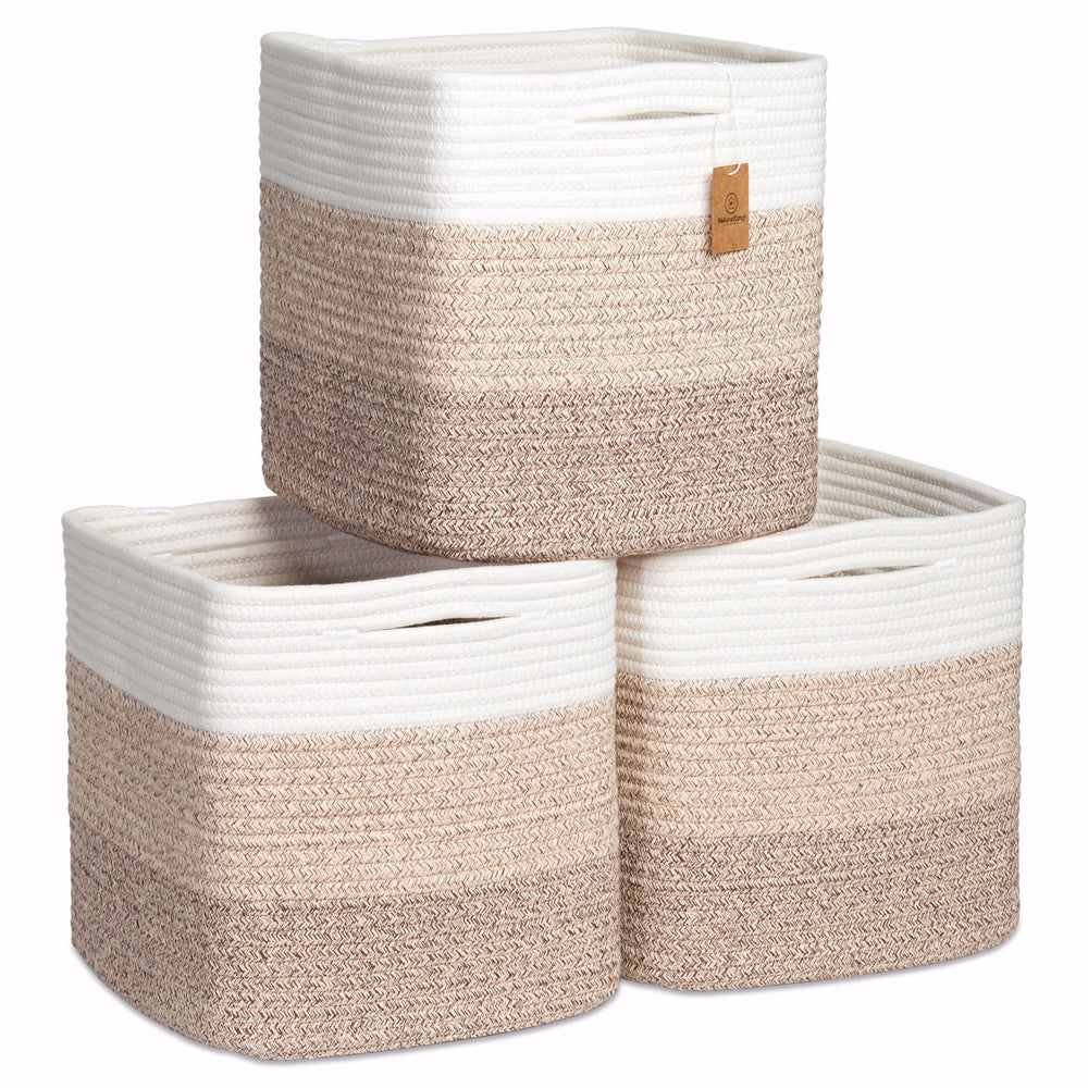 NaturalCozy 11-inch storage cubes on shelf for neat toy organization.