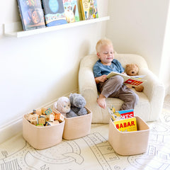 NaturalCozy 3-pack on a shelf illustrates organized toy and blanket storage