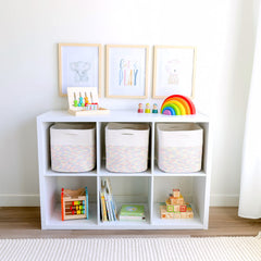NaturalCozy Storage Cubes hidden handles for easy access on shelves.