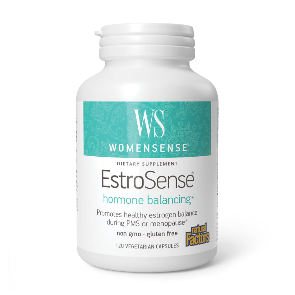 Natural Factors EstroSense bottle on a counter for daily hormonal balance.