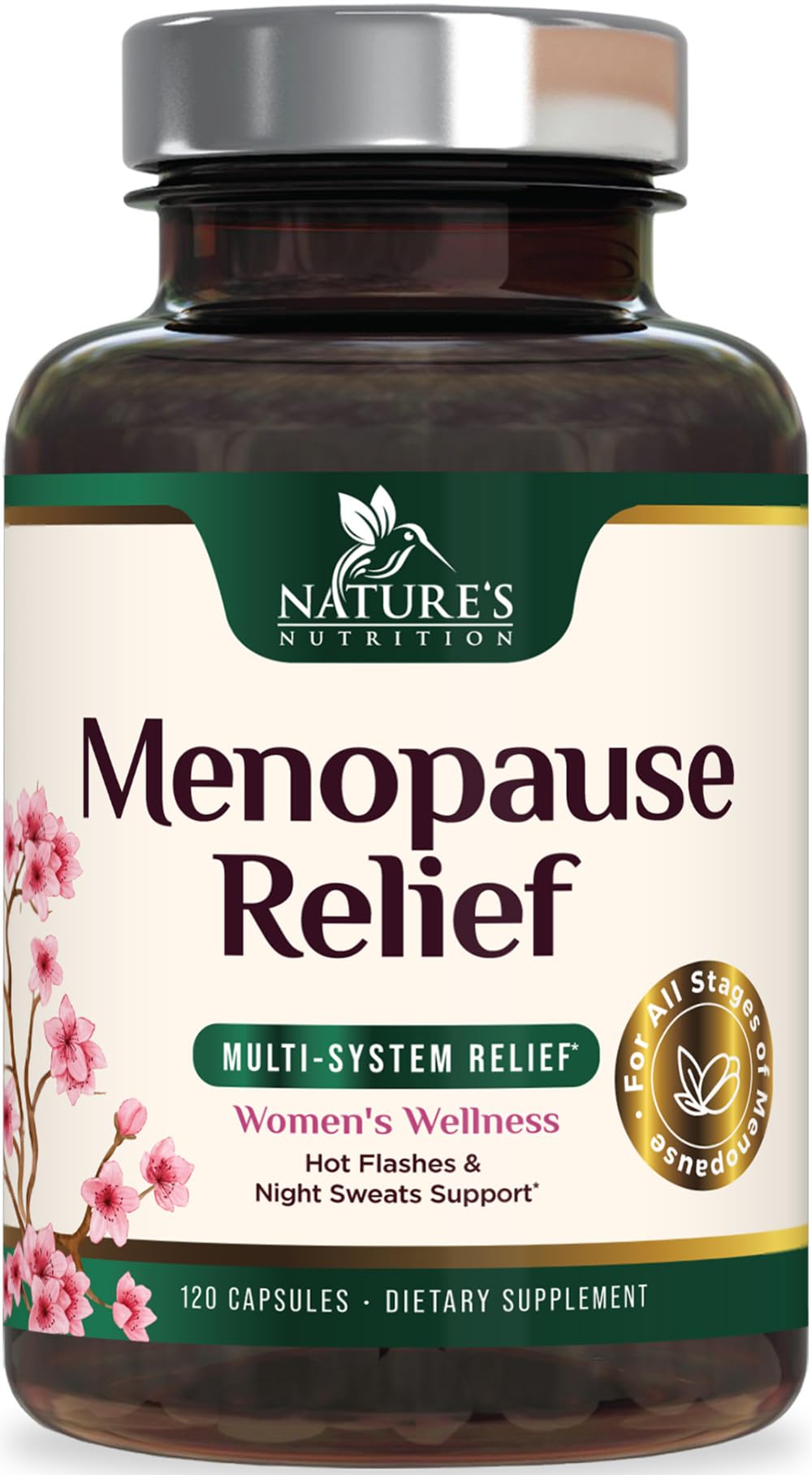 Nature's Nutrition menopause bottle front highlights the complete herbal blend for daily comfort.