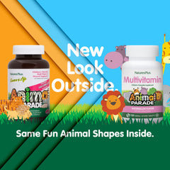 Nature's Plus Animal Parade watermelon-flavored chewables shaped as animals entice kids.