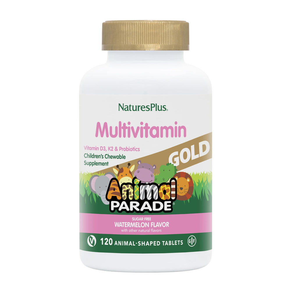 NaturesPlus Animal Parade bottle front with colorful animal-shaped tablets for daily nutrition.