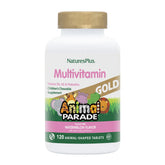NaturesPlus Animal Parade bottle front with colorful animal-shaped tablets for daily nutrition.