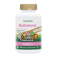NaturesPlus Animal Parade bottle front with colorful animal-shaped tablets for daily nutrition.
