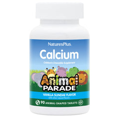 NaturesPlus Animal Parade Calcium vanilla sundae chewables on a plate, kid-friendly daily calcium support.
