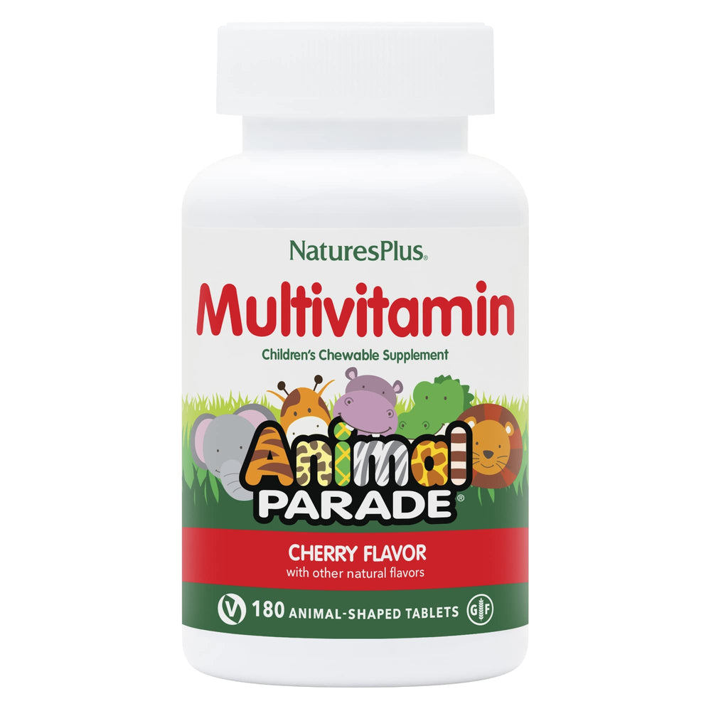 NaturesPlus Animal Parade cherry tablets for kids, animal shapes; tasty daily nutrition.
