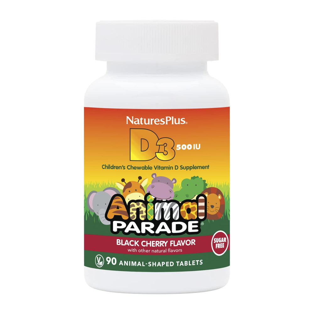 NaturesPlus Animal Parade D3 bottle showing sugar-free vitamin D3 for kids and bone support