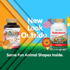 NaturesPlus Animal Parade Gold animal-shaped tablets, fun shape encourages wellness routine.