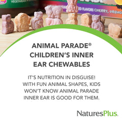 NaturesPlus Animal Parade bottle close-up shows Lactobacillus acidophilus and K12.