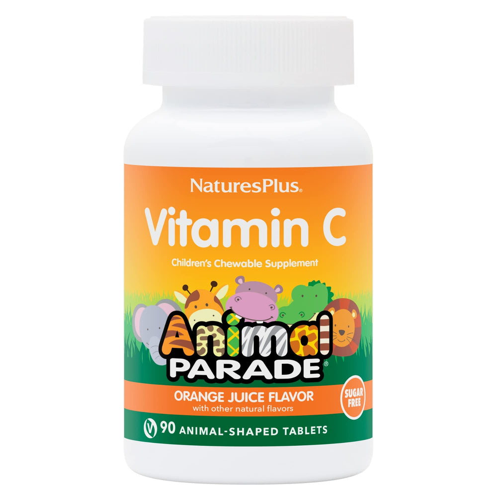 NaturesPlus Animal Parade bottle packaging shown for kid-friendly vitamin C.