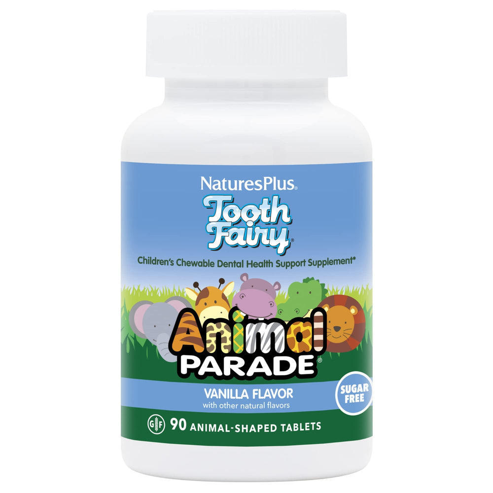 NaturesPlus Animal Parade Tooth Fairy bottle front showing kid-friendly design for dental health.