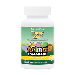 NaturesPlus Animal Parade Tummy Zyme bottle with colorful animal shapes for kids.